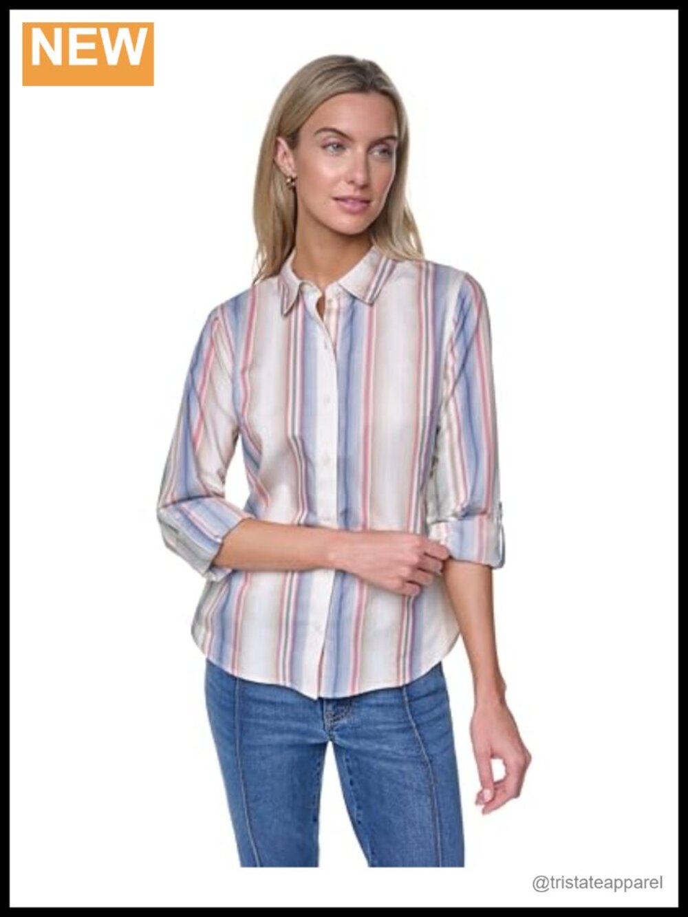 Classic Fit Long Sleeve Button Down Shirt Cotton Blend Striped